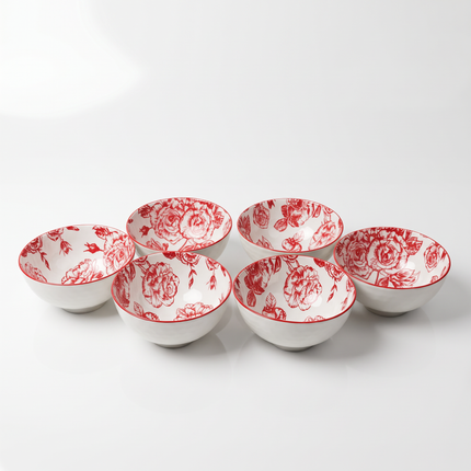 Set of 6 White Porcelain Bowls with Red Rose Floral Pattern and Red Rim – Microwave & Dishwasher Safe