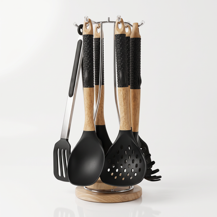 7-Piece Silicone Kitchen Utensil Set with Wooden Handles and Hanger – Non-Scratch Heads