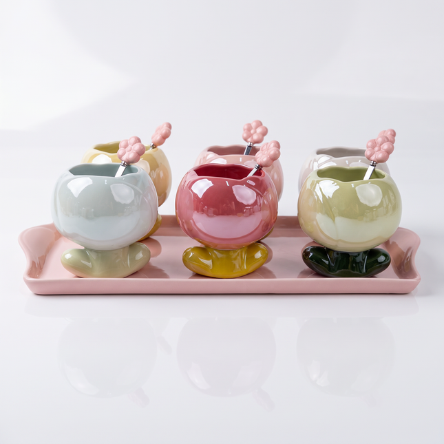 6-Piece Colored Porcelain Jelly Set with Flower Design and Stand – Multicolor