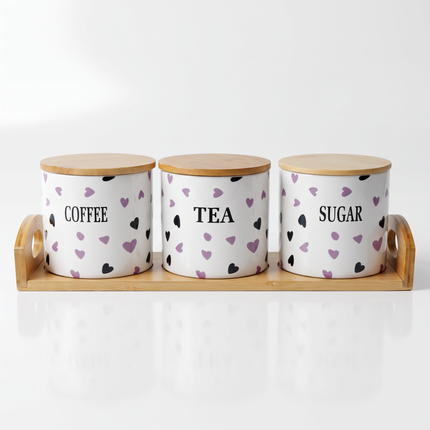 3-Piece Porcelain Kitchen Storage Canister Set with Wooden Lids & Display Tray – Heart Design – Coffee, Tea & Sugar