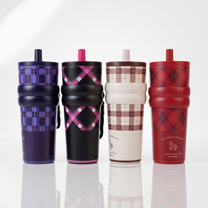 710ml Stainless Steel Tumbler with Straw & Horse Charm – Plaid Pattern – Multicolor