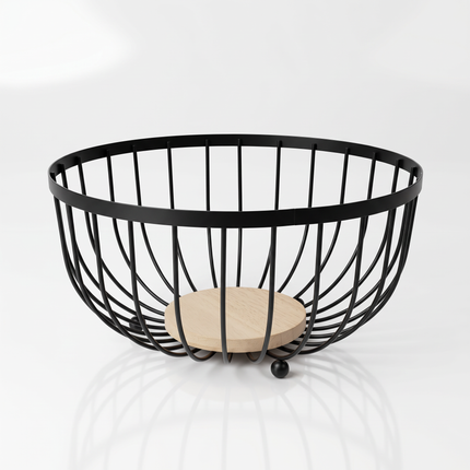 Modern Black Metal Wire Fruit & Bread Bowl with Wooden Base