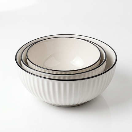 3-in-1 Nesting White Porcelain Bowls – Ribbed Design with Black Rim