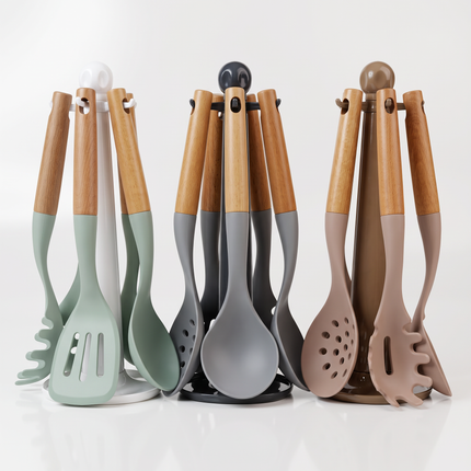 5-Piece Silicone Kitchen Utensil Set with Wooden Handles & Rotating Stand – Multicolor