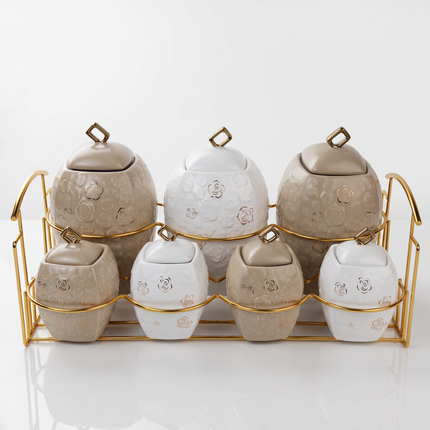 7-Piece Porcelain Spice Jar Set with Holder – Airtight – Multicolor
