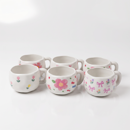 6-Piece Porcelain Coffee & Tea Mug Set – Assorted Floral, Cherry & Bow Designs