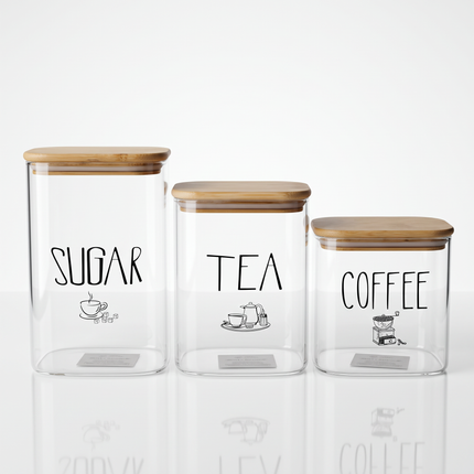 3-Piece Square Clear Glass Storage Jar Set with Bamboo Lids – Sugar, Tea & Coffee