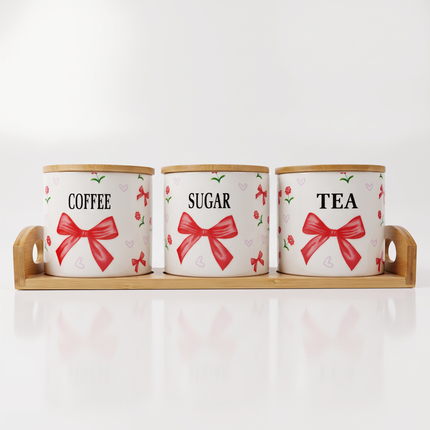 3-Piece Porcelain Storage Jar Set with Red Bow & Floral Prints, Wooden Lids and Serving Tray – Coffee, Sugar & Tea