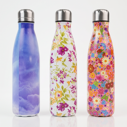 500ml Double-Walled Stainless Steel Thermal Water Bottle – Purple & Yellow Floral Print