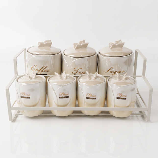 7-Piece Porcelain Butterfly Spice Jar Set with Holder – Airtight – Multicolor