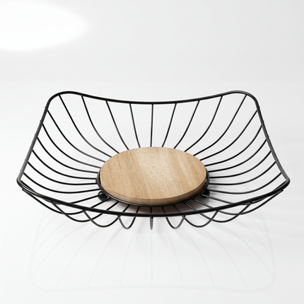 Modern Square Black Wire Fruit & Vegetable Basket with Wooden Base