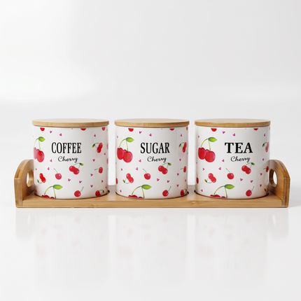 3-Piece Cherry-Themed Porcelain Storage Canister Set with Wooden Lids & Bamboo Base Tray