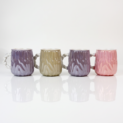 Textured Wave Ceramic Mug with Pearlescent Twisted Handle – Multicolor