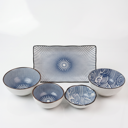 5-in-1 Ceramic Dinnerware Set – Blue and White Radial Stripes & Wave Patterns