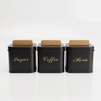 3-Piece Kitchen Storage Canister Set with Matte Finish, Wooden Handles & Gold Script Labels – Multicolor