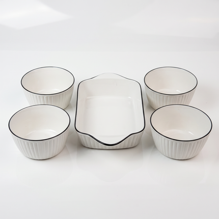 5-Piece White Porcelain Serving & Bakeware Set – Ribbed Design with Black Trim