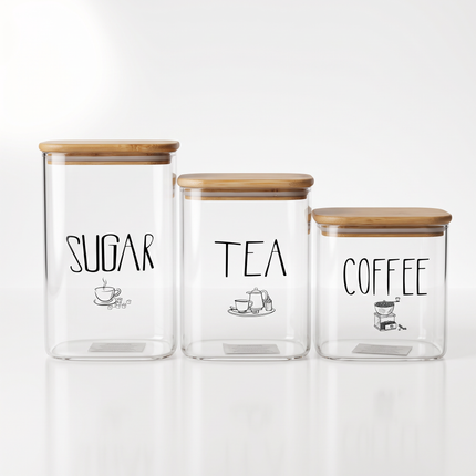 3-Piece Square Clear Glass Storage Jar Set with Bamboo Lids – Sugar, Tea & Coffee