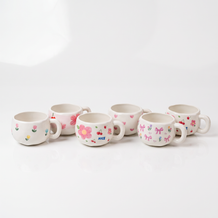 6-Piece Porcelain Coffee & Tea Mug Set – Assorted Floral, Cherry & Bow Designs