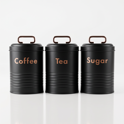 3-Piece Metal Coffee, Tea & Sugar Canister Set with Rose-Gold Handles and Lettering