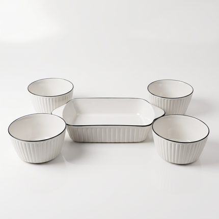 5-Piece White Porcelain Serving & Bakeware Set – Ribbed Design with Black Trim