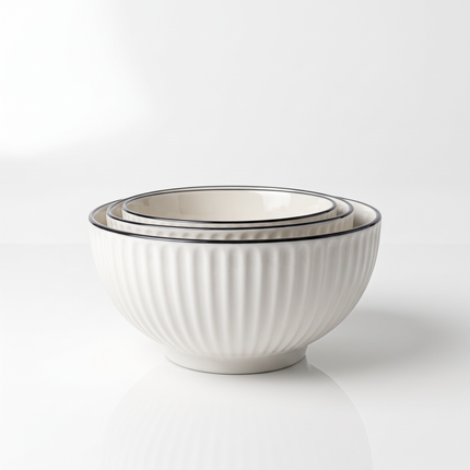 3-in-1 Nesting White Porcelain Bowls – Ribbed Design with Black Rim