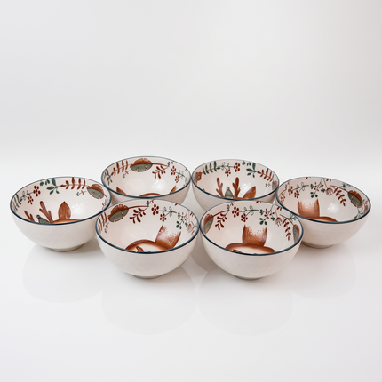 Set of 6 White Porcelain Bowls with Red Rose Floral Pattern and Red Rim – Microwave & Dishwasher Safe