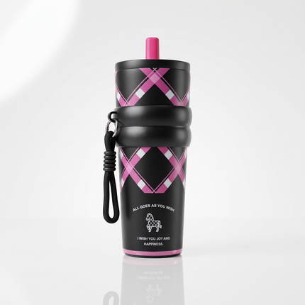 710ml Stainless Steel Tumbler with Straw & Horse Charm – Plaid Pattern – Multicolor