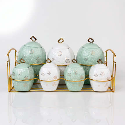 7-Piece Porcelain Spice Jar Set with Holder – Airtight – Multicolor