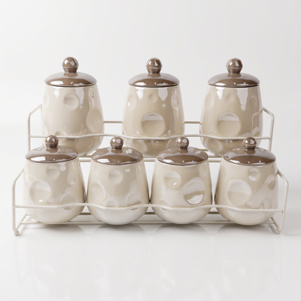 7-Piece Porcelain Print Spice Jar Set with Holder – Airtight – Multicolor