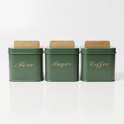 3-Piece Kitchen Storage Canister Set with Matte Finish, Wooden Handles & Gold Script Labels – Multicolor
