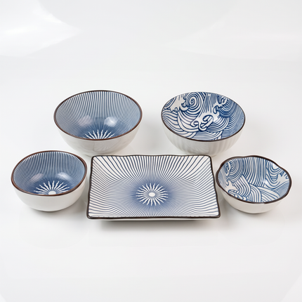 5-in-1 Ceramic Dinnerware Set – Blue and White Radial Stripes & Wave Patterns