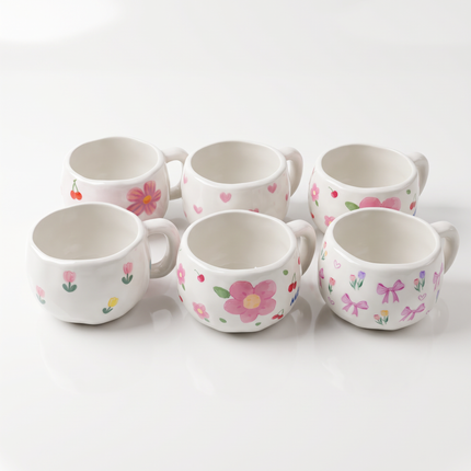 6-Piece Porcelain Coffee & Tea Mug Set – Assorted Floral, Cherry & Bow Designs