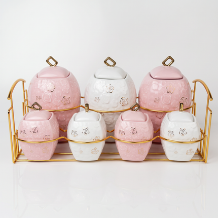 7-Piece Porcelain Spice Jar Set with Holder – Airtight – Multicolor
