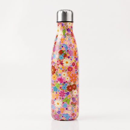 500ml Double-Walled Stainless Steel Thermal Water Bottle – Purple & Yellow Floral Print