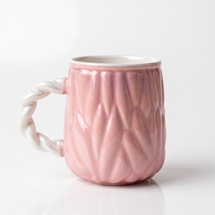 Textured Wave Ceramic Mug with Pearlescent Twisted Handle – Multicolor