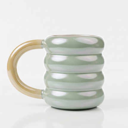 Iridescent Bubble-Shaped Ceramic Coffee Mug with Glossy Green Handle – Multicolor