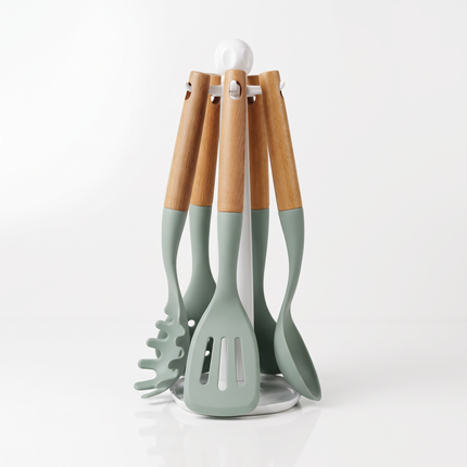 5-Piece Silicone Kitchen Utensil Set with Wooden Handles & Rotating Stand – Multicolor