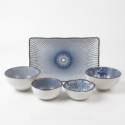 5-in-1 Ceramic Dinnerware Set – Blue and White Radial Stripes & Wave Patterns