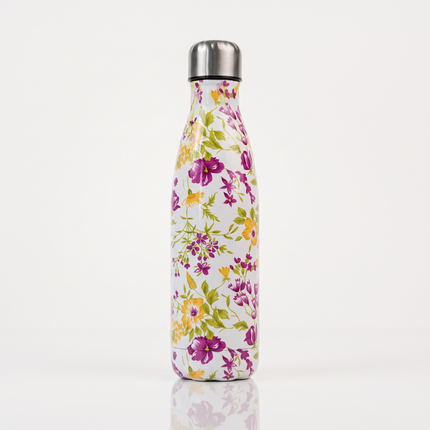 500ml Double-Walled Stainless Steel Thermal Water Bottle – Purple & Yellow Floral Print