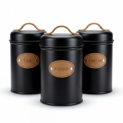3-Piece Metal Spice Jar Set - Black - 500ml - Leather Handle