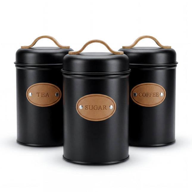 3-Piece Metal Spice Jar Set - Black - 500ml - Leather Handle