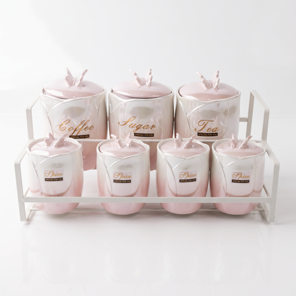 7-Piece Porcelain Butterfly Spice Jar Set with Holder – Airtight – Multicolor