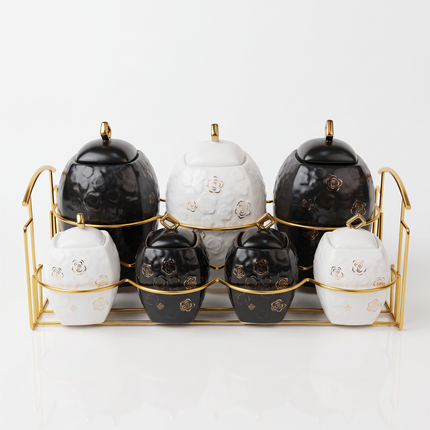 7-Piece Porcelain Spice Jar Set with Holder – Airtight – Multicolor