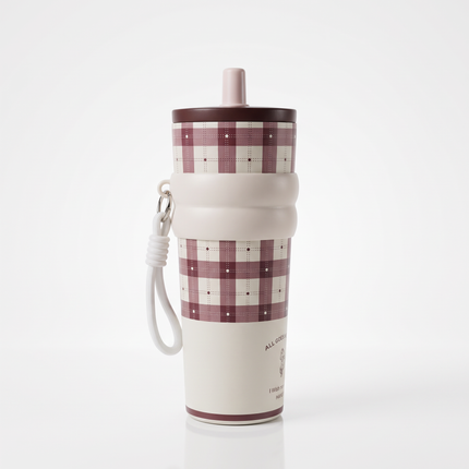 710ml Stainless Steel Tumbler with Straw & Horse Charm – Plaid Pattern – Multicolor