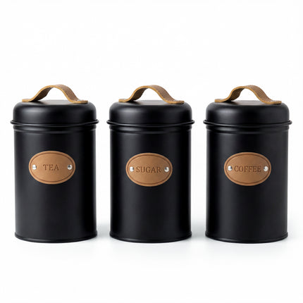 3-Piece Metal Spice Jar Set - Black - 500ml - Leather Handle