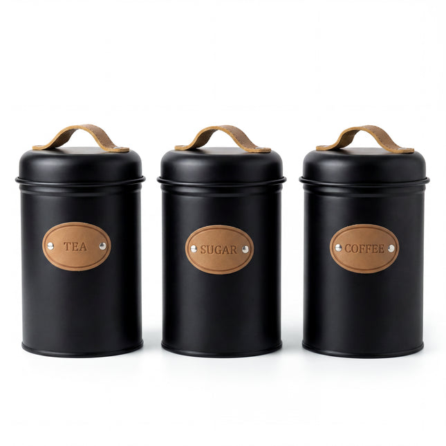 3-Piece Metal Spice Jar Set - Black - 500ml - Leather Handle