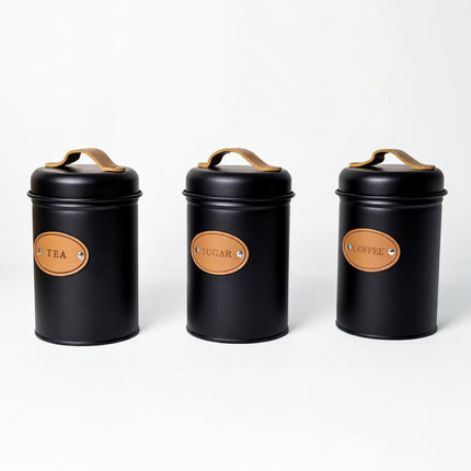 3-Piece Metal Spice Jar Set - Black - 500ml - Leather Handle