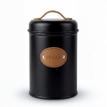3-Piece Metal Spice Jar Set - Black - 500ml - Leather Handle