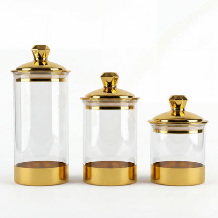 3-Piece Clear Acrylic Jar Set - Gold Lids & Bases