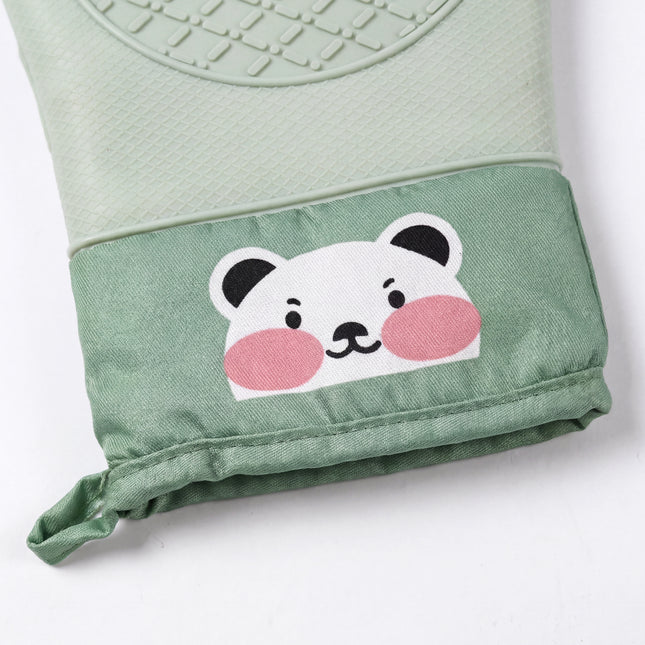 Padded Heat Resistant Silicone Oven Gloves - Bear Design - Green